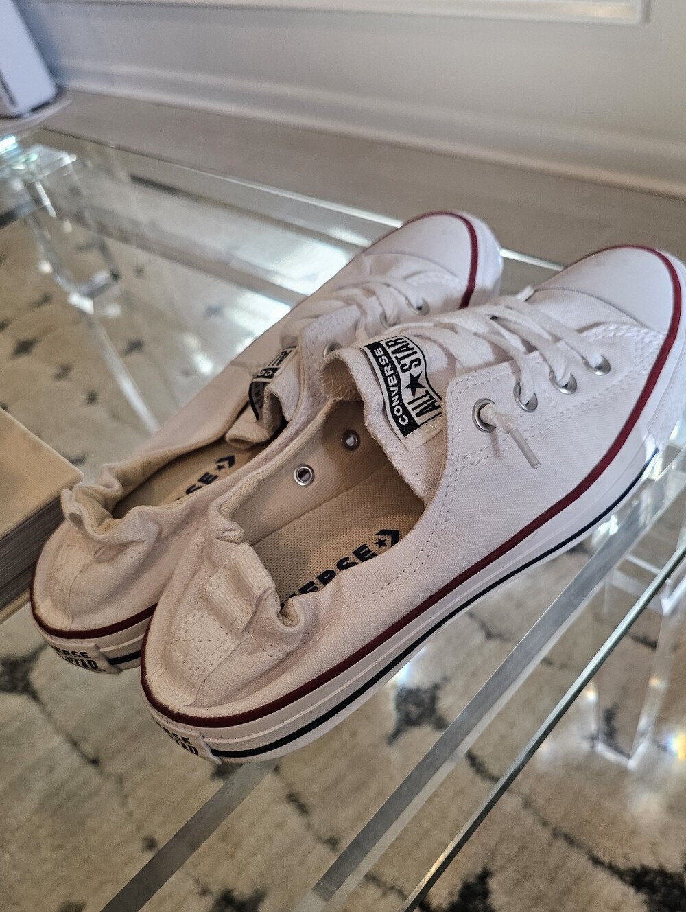 Converse Low Top Canvas Sneakers in White with Red and Black Accents - Slip On